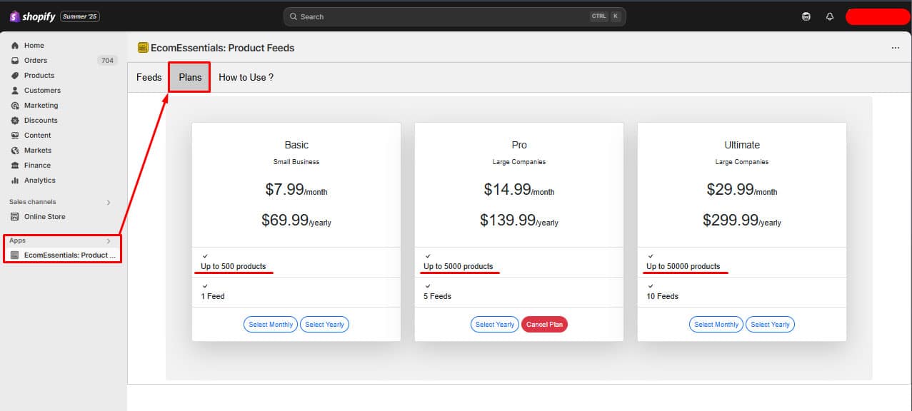 alegere plan pentru feed de produse compari.ro in shopify