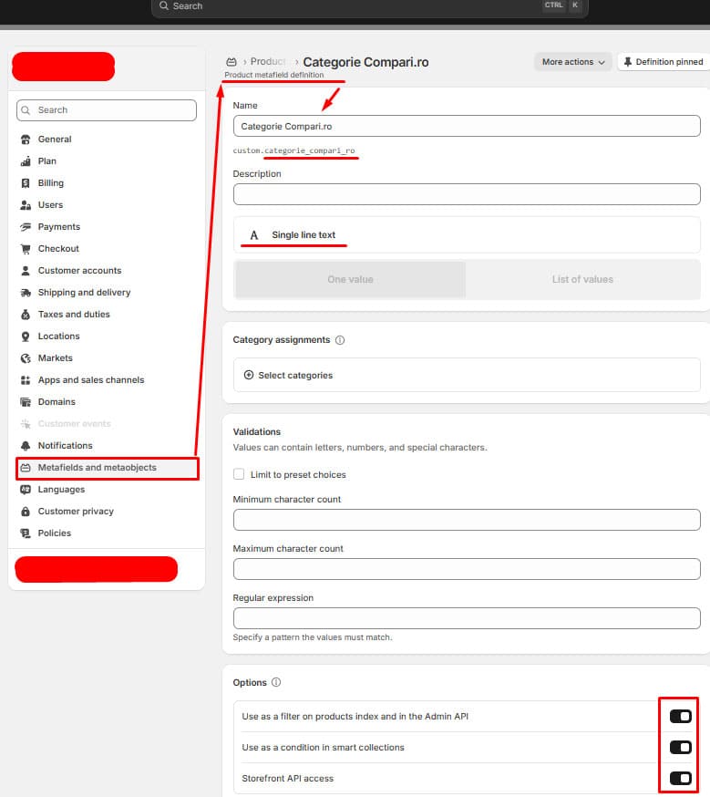 configurare metafield in shopify pentru categoria compari.ro