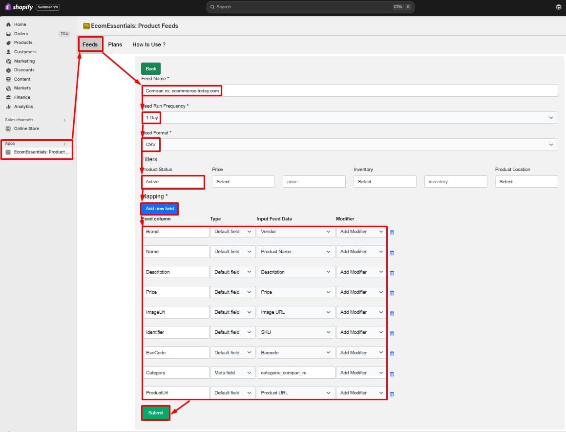 construire feed de produse compari.ro in shopify