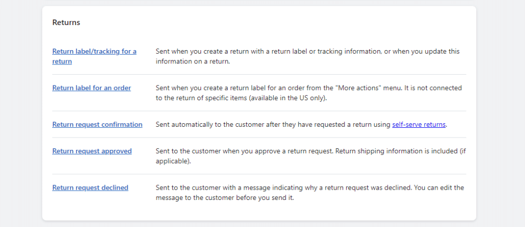 Email Notification Returns settings