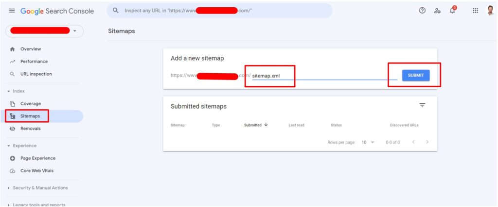 Submitting the sitemap.xml location