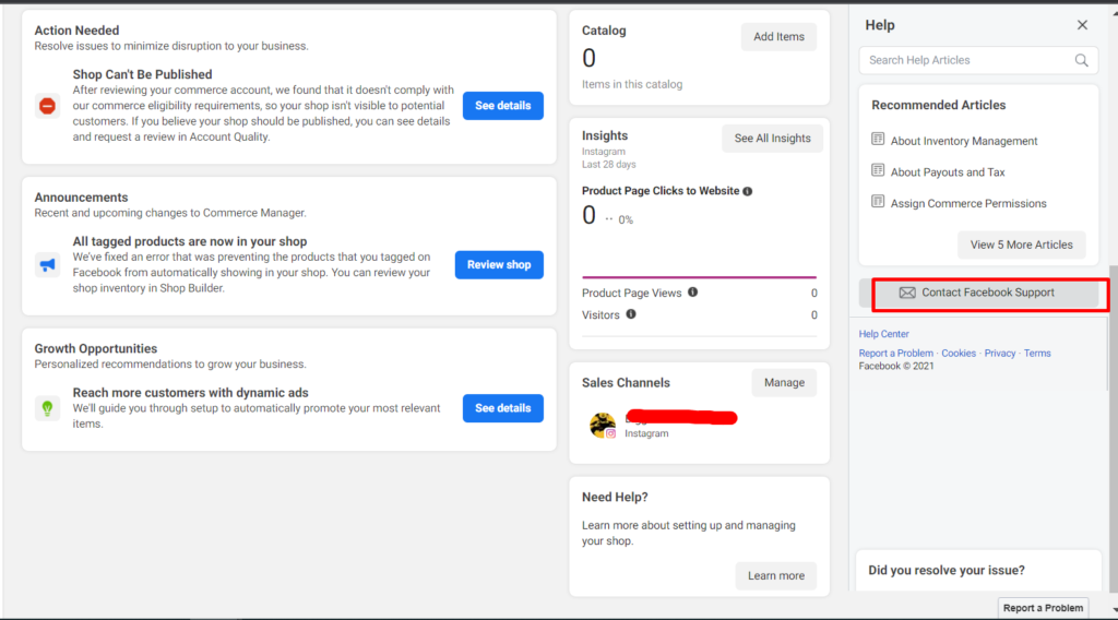 Contact Facebook Support - setting up Facebook business account