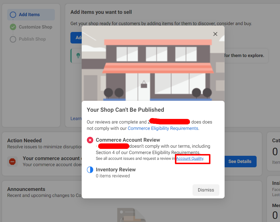 Reason why the Commerce Account is not eligible