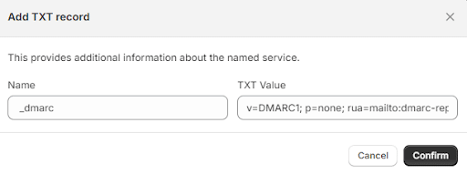 Settings - Add TXT Record- DMARC