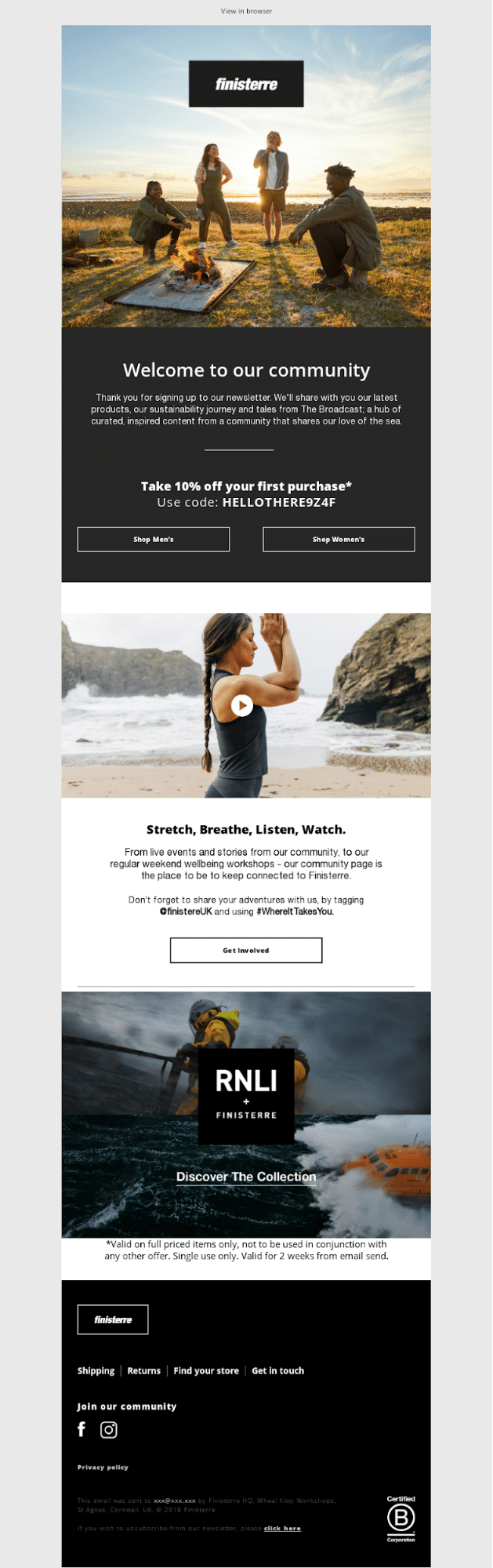 Finisterre - welcome email example