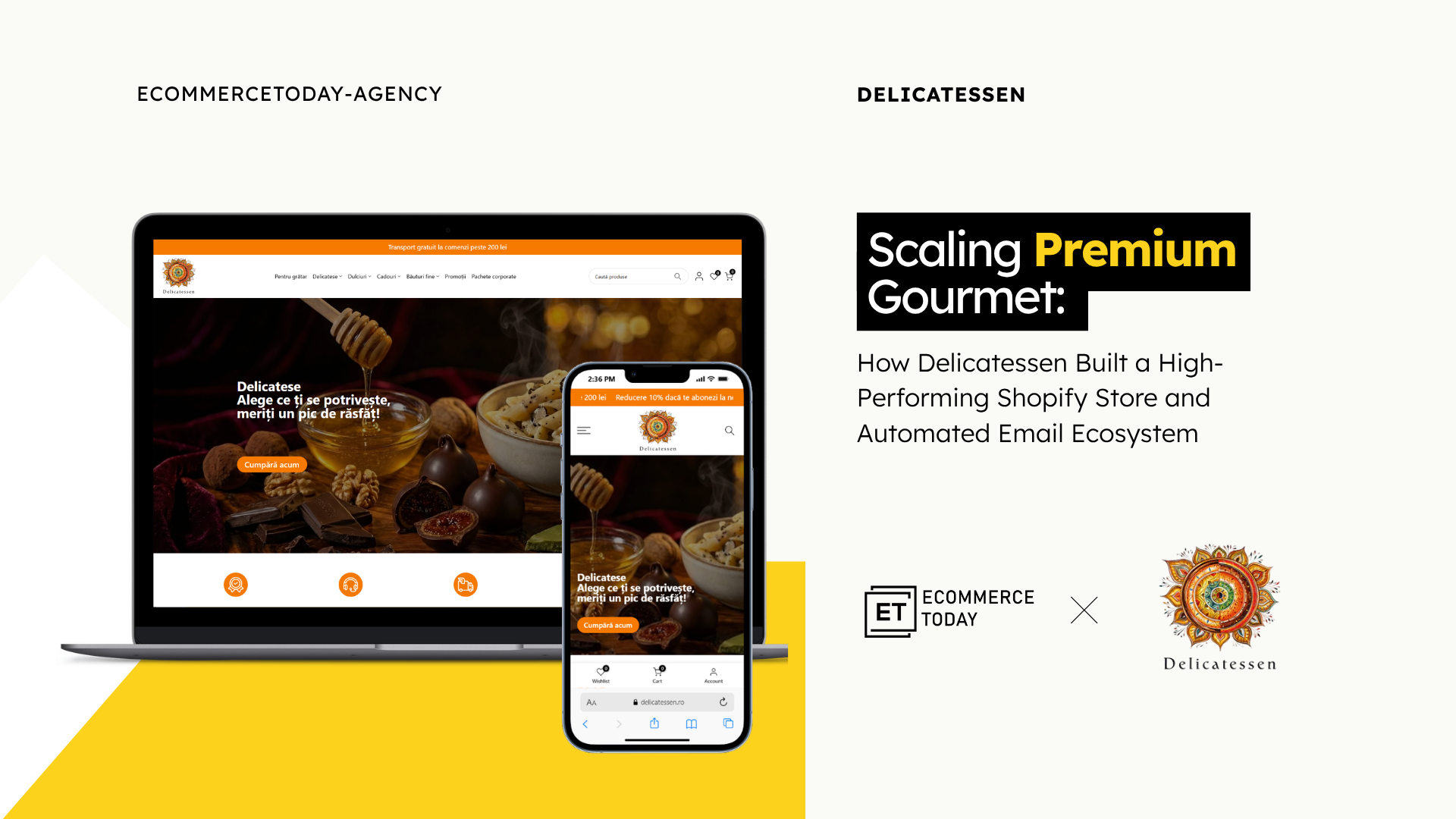 Desktop and mobile mockup of Delicatessen store showing gourmet food gift baskets and festive holiday branding