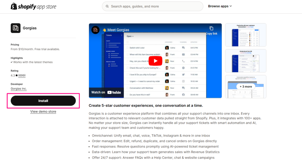 Installing the Gorgias app from Shopify App Store
